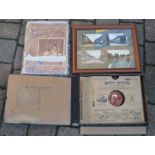 4 framed old Lincolnshire postcards, sheet music & a folder containing old 78 records
