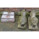 2 marble plinths & a pair of concrete lions