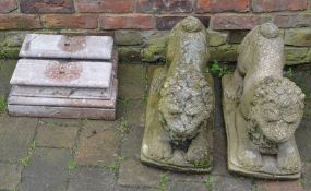 2 marble plinths & a pair of concrete lions