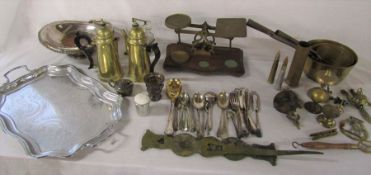 Various brassware and silver plate inc silver teaspoon, pans, postal scales (af), condiment set etc