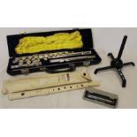 Cased Blessing flute with stand, Hohner harmonica & Yamaha piccolo