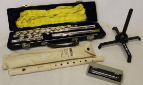 Cased Blessing flute with stand, Hohner harmonica & Yamaha piccolo