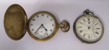 Gold plated pocket watch (no crystal, missing seconds hand) & a silver pocket watch (broken crystal)