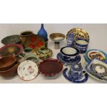 Selection of studio pottery, blue and white, hand-painted porcelain plate etc.