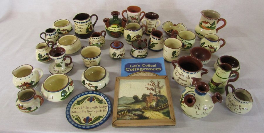 Quantity of Cottage ware / Torquay ware pottery together with book and plaque