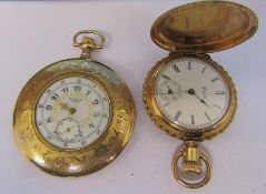 Gold plated Elgin USA pocket watch no 21864216 (missing crystal) and smaller gold plated Elgin fob