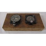 2 dashboard clocks inc Elgin 8 days mounted on a burr walnut block L 21.5 cm