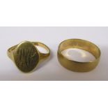 9ct gold band ring size P weight 2.30 g & a 9ct signet ring size P (mis-shapen) weight 2.35 g