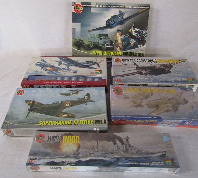 Selection of Airfix model kits inc Supermarine spitfire, Vickers Armstrong Wellington & HMS Hood