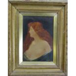Gilt framed oil on canvas of a young woman, signed lower right corner (damage to canvas) 37 cm x