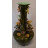 Large majolica vase decorated with girl feeding turkeys (damaged & repaired) Ht 54cm
