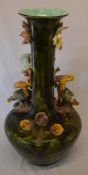 Large majolica vase decorated with girl feeding turkeys (damaged & repaired) Ht 54cm