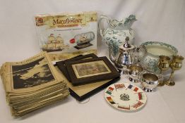 Selection of War Illustrated magazines, Airfix Mayflower ship in a bottle kit, Goss Grimsby plate, 3