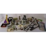 Various items inc tins, brass ware, cut throat razor, vintage football programmes, pipe, compass,