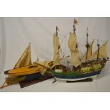 Model of a galleon & an incomplete pond yacht