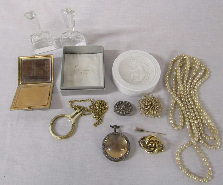 Selection of costume jewellery, 2 glass perfume bottles, Rosenthal dish, Christian Dior compact case
