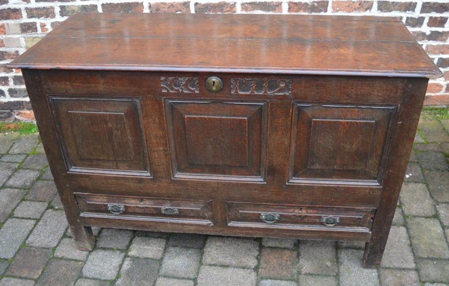 Early 18th century oak mule chest carved 1719 Ht 85cm L 136cm D 55cm