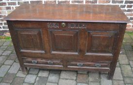 Early 18th century oak mule chest carved 1719 Ht 85cm L 136cm D 55cm