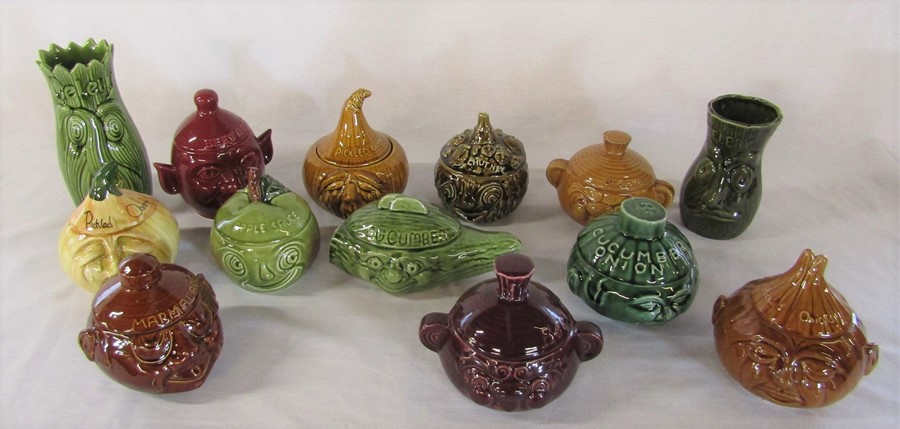 Selection of Sylvac etc lidded sauce pots inc beetroot, cucumber, chutney, marmalade etc