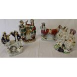 4 nineteenth century Staffordshire figure groups, 2 with clock face detail, man and cow (damage to