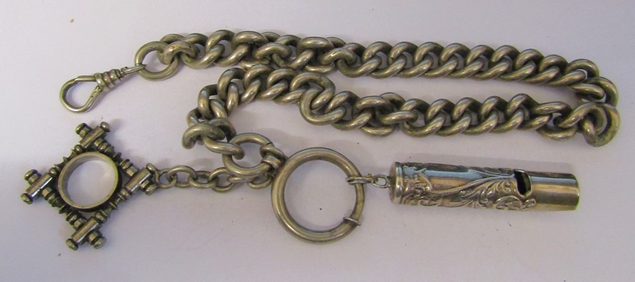 Silver watch chain, fob and whistle (whistle marked 925) total weight 4.12 ozt / 128.1 g