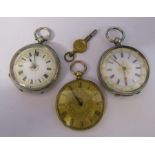 2 ladies silver fob watches (1 bears marks, 0.935) & a gold plated fob watch