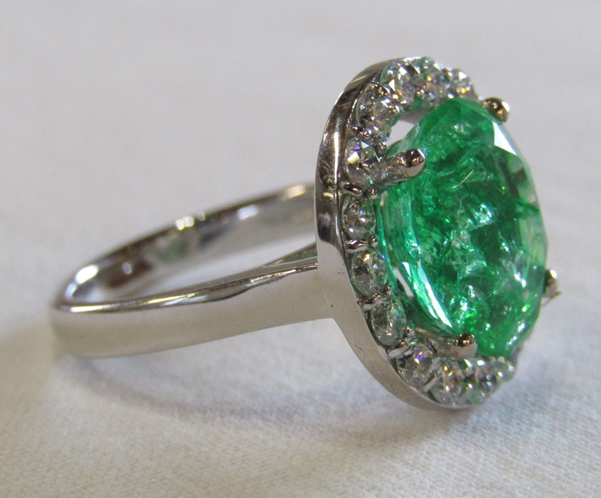 18ct gold emerald and diamond cluster ring, emerald 5.6 ct (11 mm x 13 mm) diamond total 1.00 ct, - Image 8 of 9