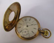 9ct gold half hunter Waltham pocket watch Chester 1923, 17 jewels, no 16137998 signed P S