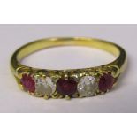 Tested as 18ct gold 5 stone ruby and diamond ring (ruby 0.12ct each, diamond 0.12ct each) size O