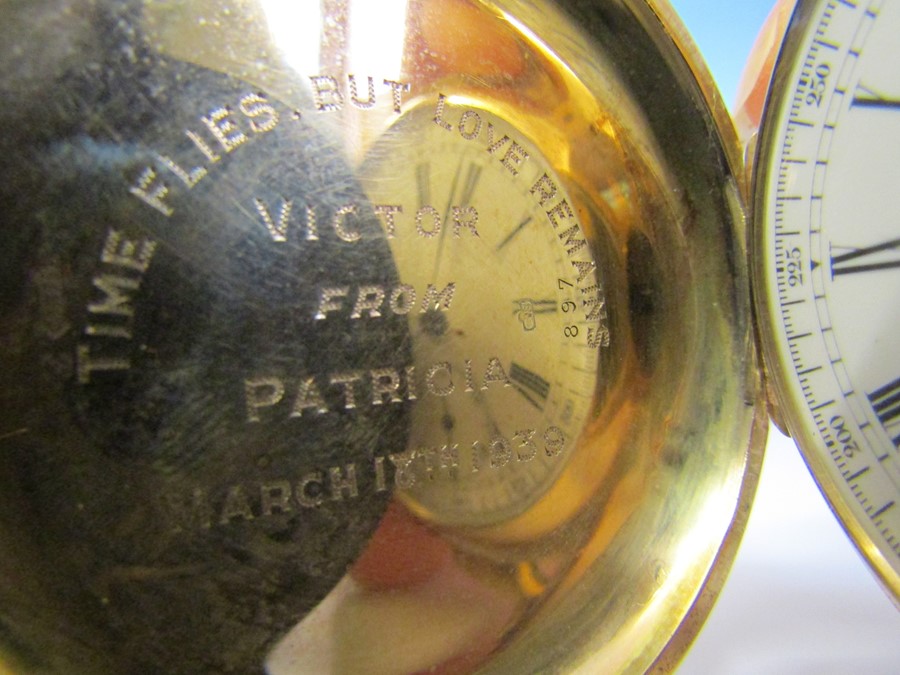 9ct gold full hunter chronograph minute repeater pocket watch, engraved 'Time flies, but love - Image 3 of 6