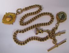 9ct gold watch chain, fobs and compass  (fob Birmingham 1855, swivel compass Birmingham 1919),