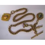 9ct gold watch chain, fobs and compass  (fob Birmingham 1855, swivel compass Birmingham 1919),