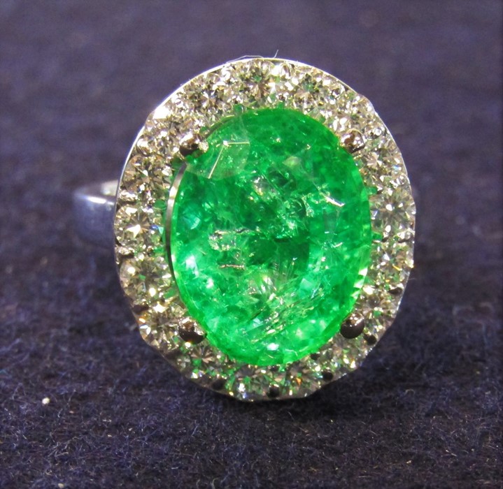 18ct gold emerald and diamond cluster ring, emerald 5.6 ct (11 mm x 13 mm) diamond total 1.00 ct, - Image 2 of 9