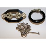 Art Deco style silver onyx & marcasite brooch marked PD, silver & paste brooch & marcasite set