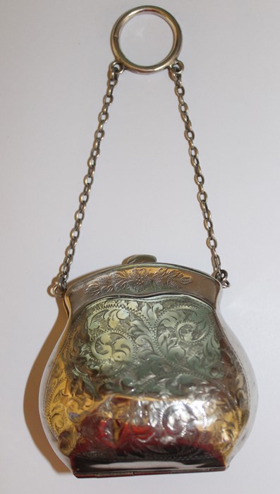 Early 20th century silver purse in the form of a bag on chain with engraved decoration & leather