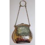 Early 20th century silver purse in the form of a bag on chain with engraved decoration & leather