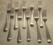 10 large Georgian silver dinner forks inc London 1800, 1811 and 1829 and total weight 22.41 ozt L
