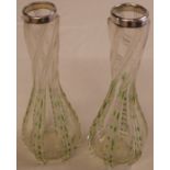 Pair of early 20th century clear glass vases with green dash decoration & silver rims (hallmarks