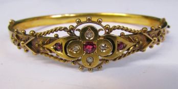 Victorian 15ct gold ruby and diamond bangle (damage to diamonds) weight 10.0 g D 6.5 cm