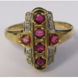 9ct gold ruby and diamond chip Art Deco style ring size L/M weight 2.9 g