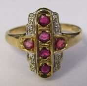 9ct gold ruby and diamond chip Art Deco style ring size L/M weight 2.9 g