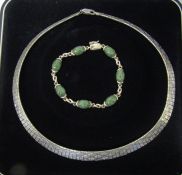 Silver Cleopatra style necklace weight 25.2 g / 0.81 ozt L 16" & a silver and jade style bracelet