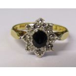 18ct gold sapphire and illusion set diamond cluster ring Birmingham 1977 size M/N weight 3.3 g
