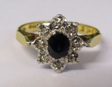 18ct gold sapphire and illusion set diamond cluster ring Birmingham 1977 size M/N weight 3.3 g