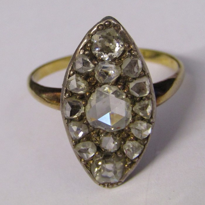 Tested as 18ct gold Georgian diamond marquise ring, total approximately 1.25 carat, size M/N
