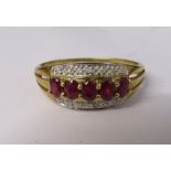 9ct gold 5 stone ruby ring with diamond chips size T weight 2.7 g