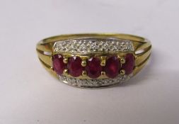 9ct gold 5 stone ruby ring with diamond chips size T weight 2.7 g