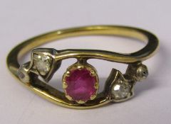 Tested as 18ct gold ruby and diamond ring (ruby 0.15 ct) size M weight 2.4 g