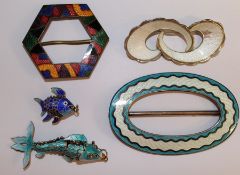 Ivar Holth enamel brooch, Levi & Salaman enamel buckle Birmingham 1909, 2 enamel fish pendants & 1