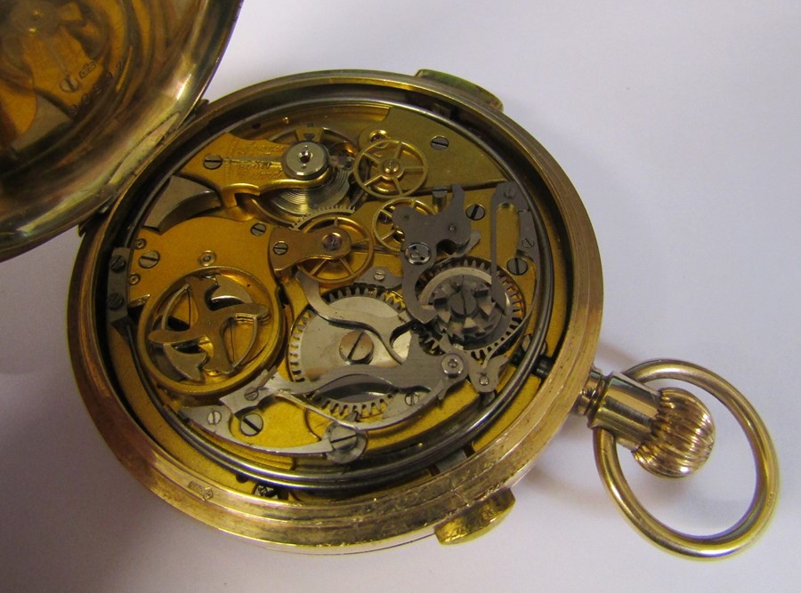 9ct gold full hunter chronograph minute repeater pocket watch, engraved 'Time flies, but love - Image 6 of 6